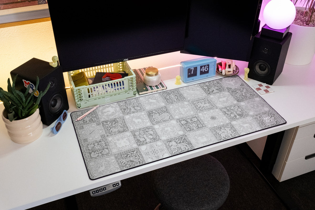 Mystic Sampler desk mat in Ash, shown on a styled desk setup