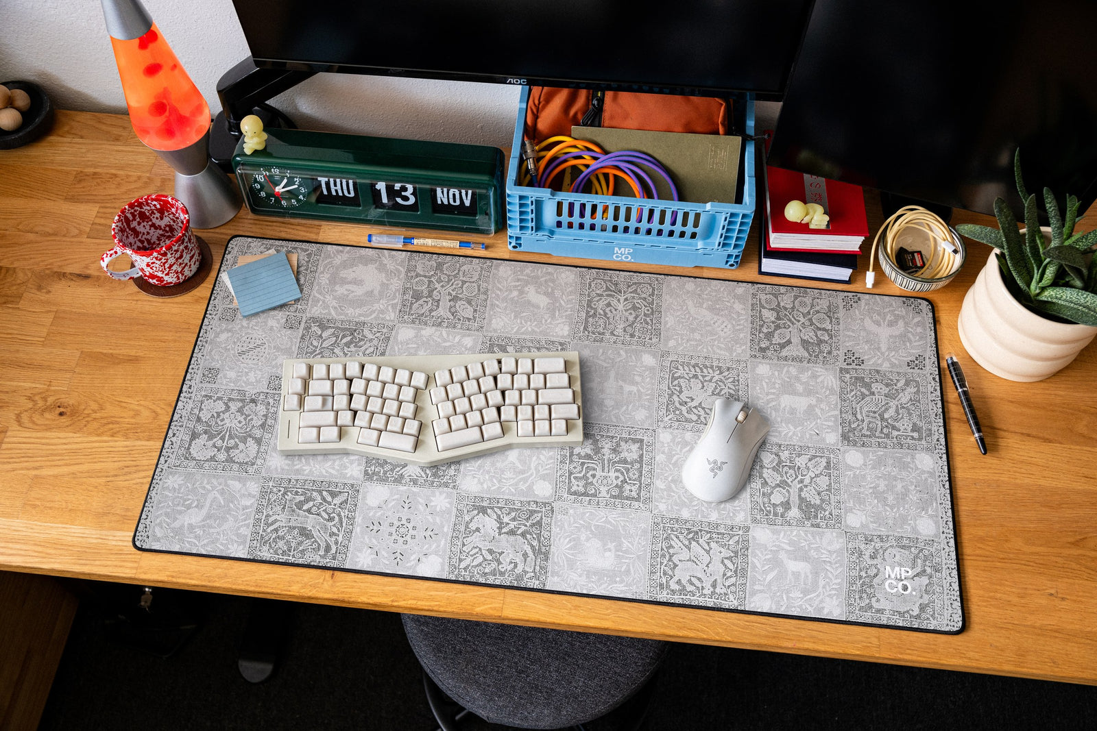Mystic Sampler desk mat in Ash, shown on a styled desk setup