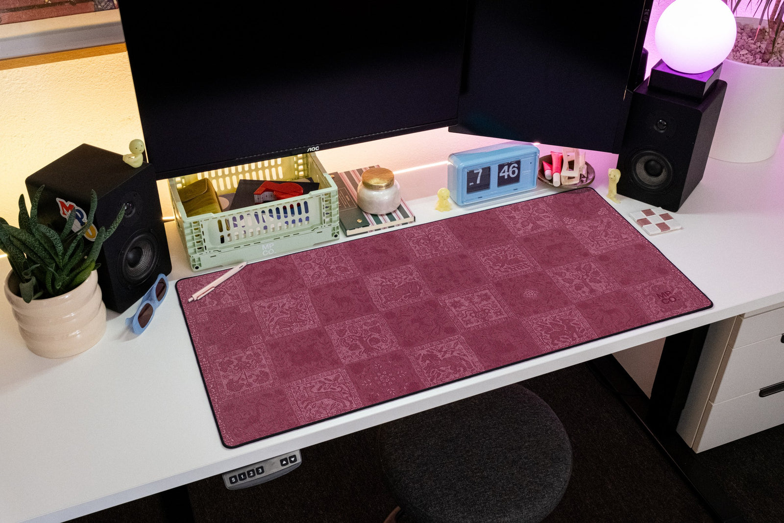 Mystic Sampler desk mat in Rouge, shown on a styled desk setup