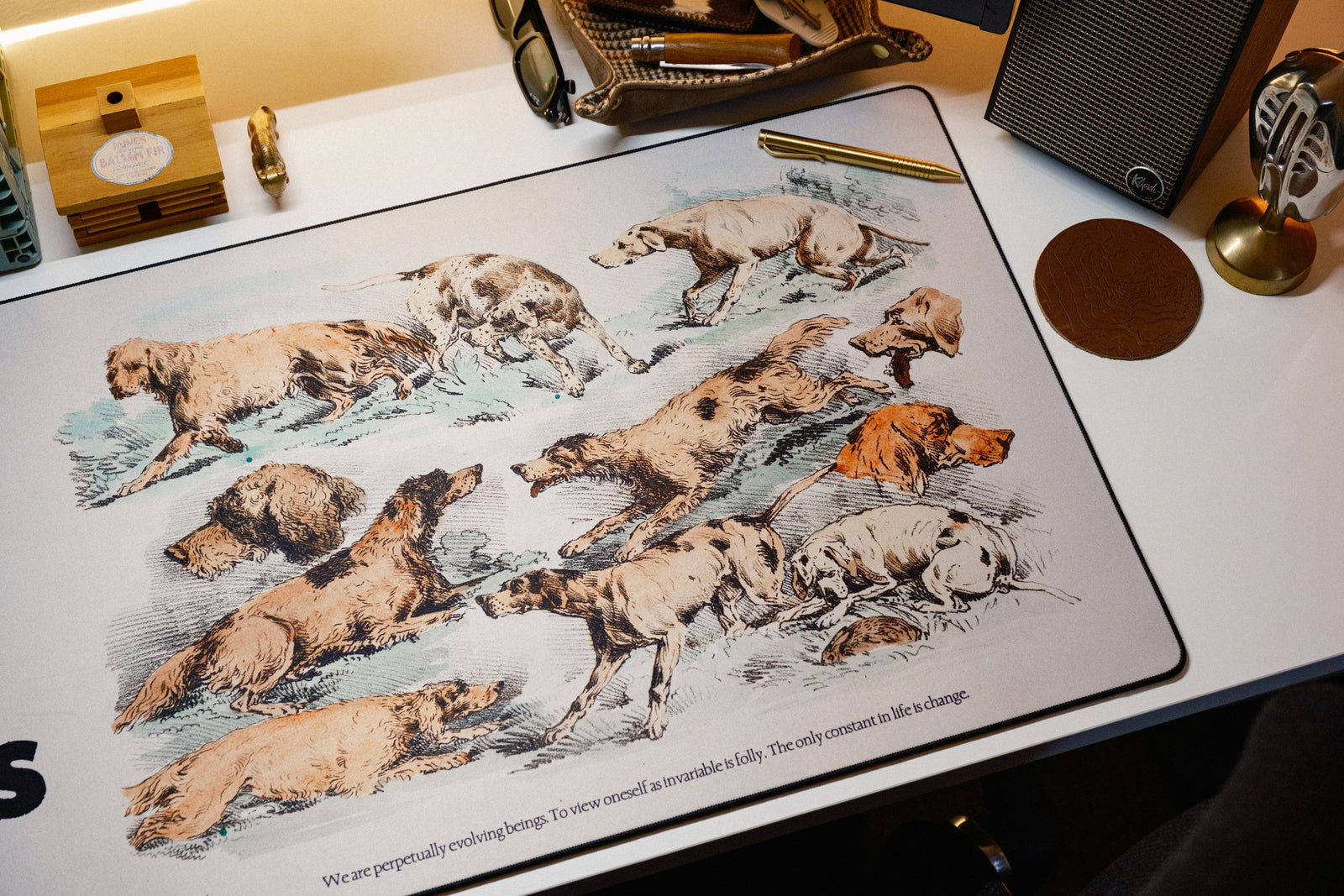 Old Dog New Tricks desk mat in Original, shown on a styled desk setup