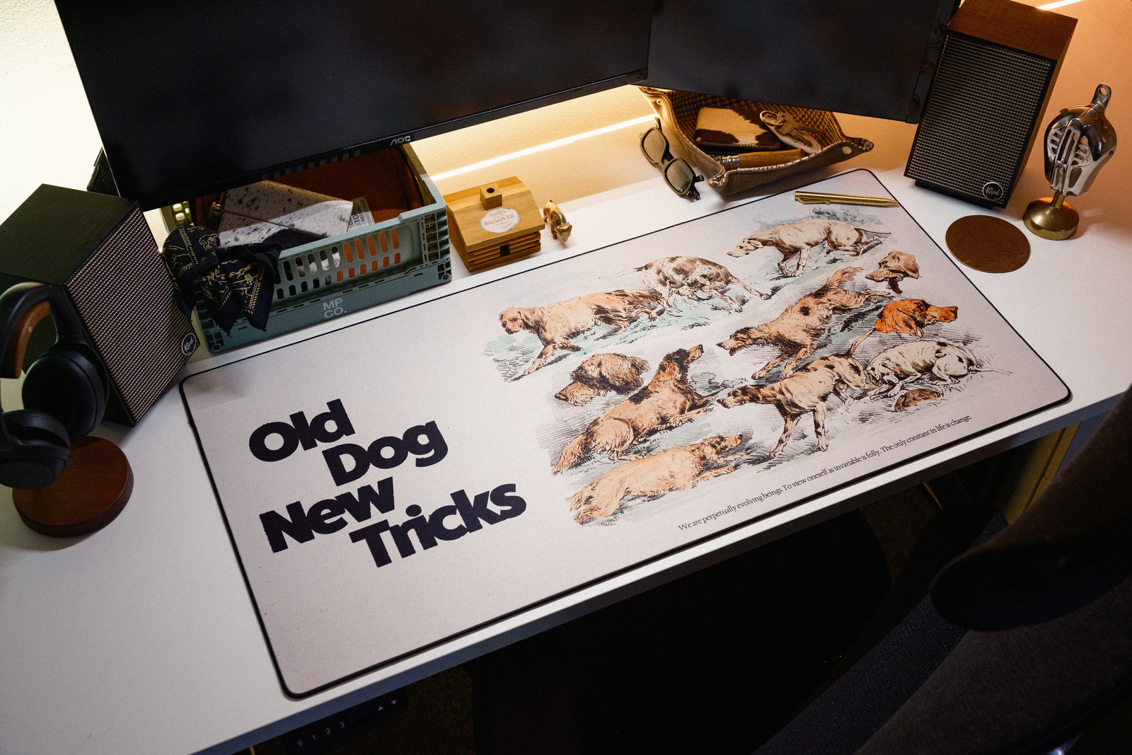 Old Dog New Tricks desk mat in Original, shown on a styled desk setup
