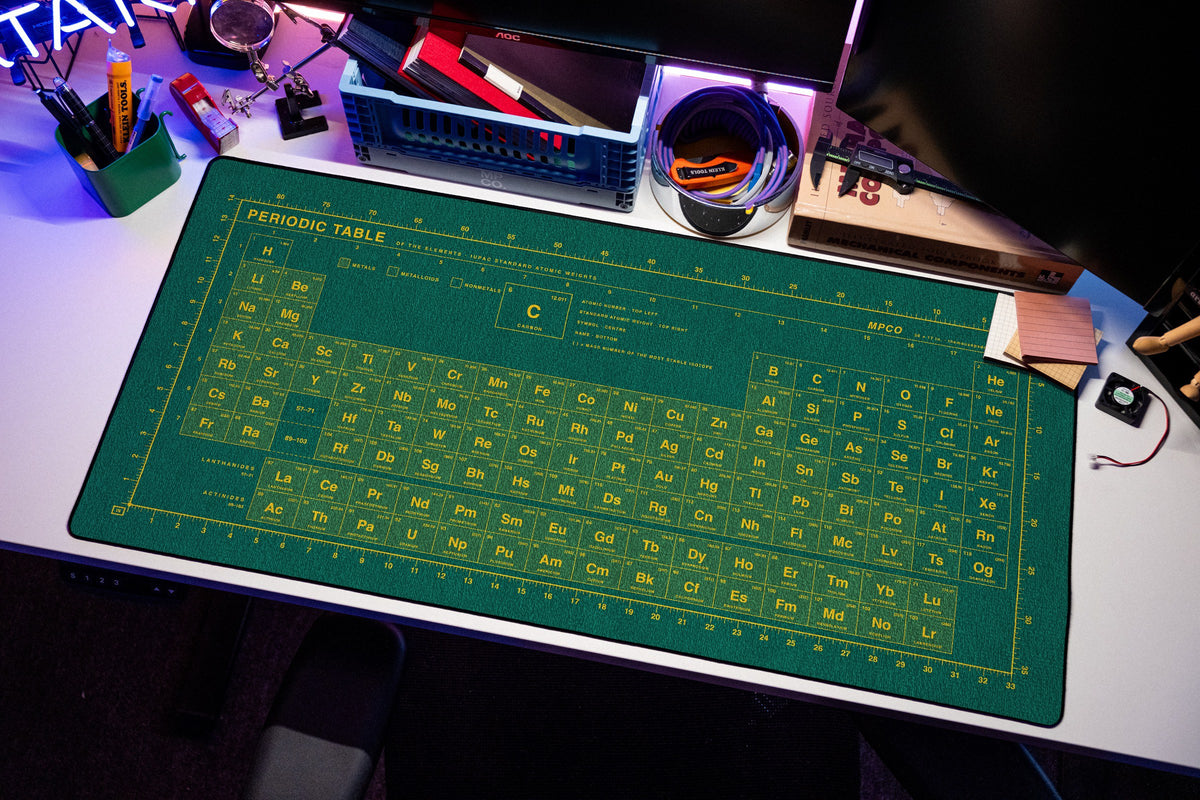 Periodic Table Pad desk mat in Green / Yellow, shown on a styled desk setup
