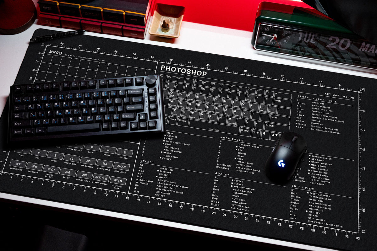 Photoshop Shortcuts Pad (macOS) desk mat in Black / White, shown on a styled desk setup