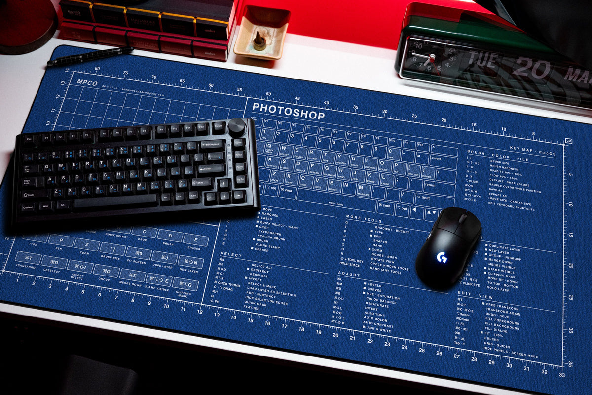 Photoshop Shortcuts Pad (macOS) desk mat in Blue / White, shown on a styled desk setup