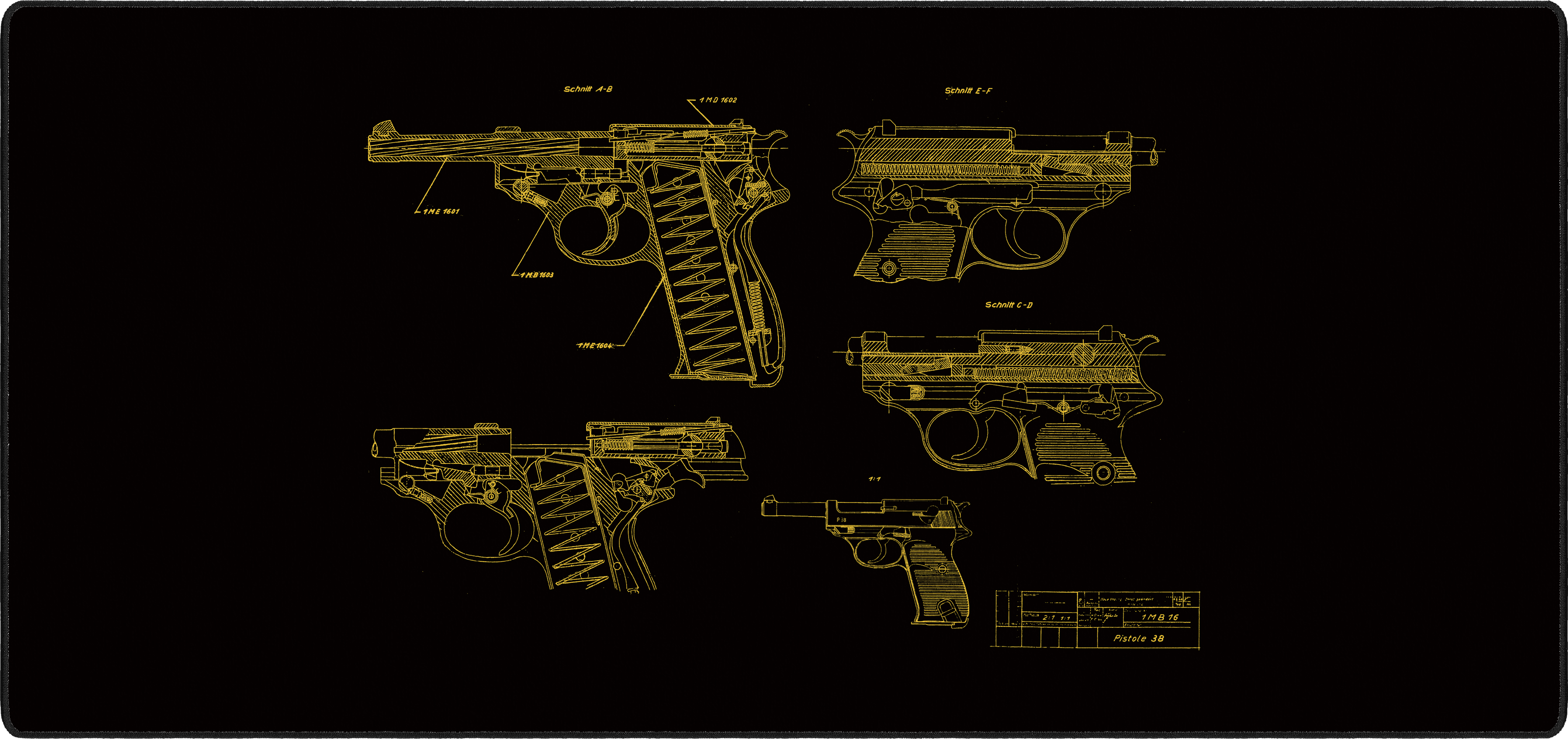 PISTOL 38 mousepad thumbnail, Black/Yellow, Large/XXL