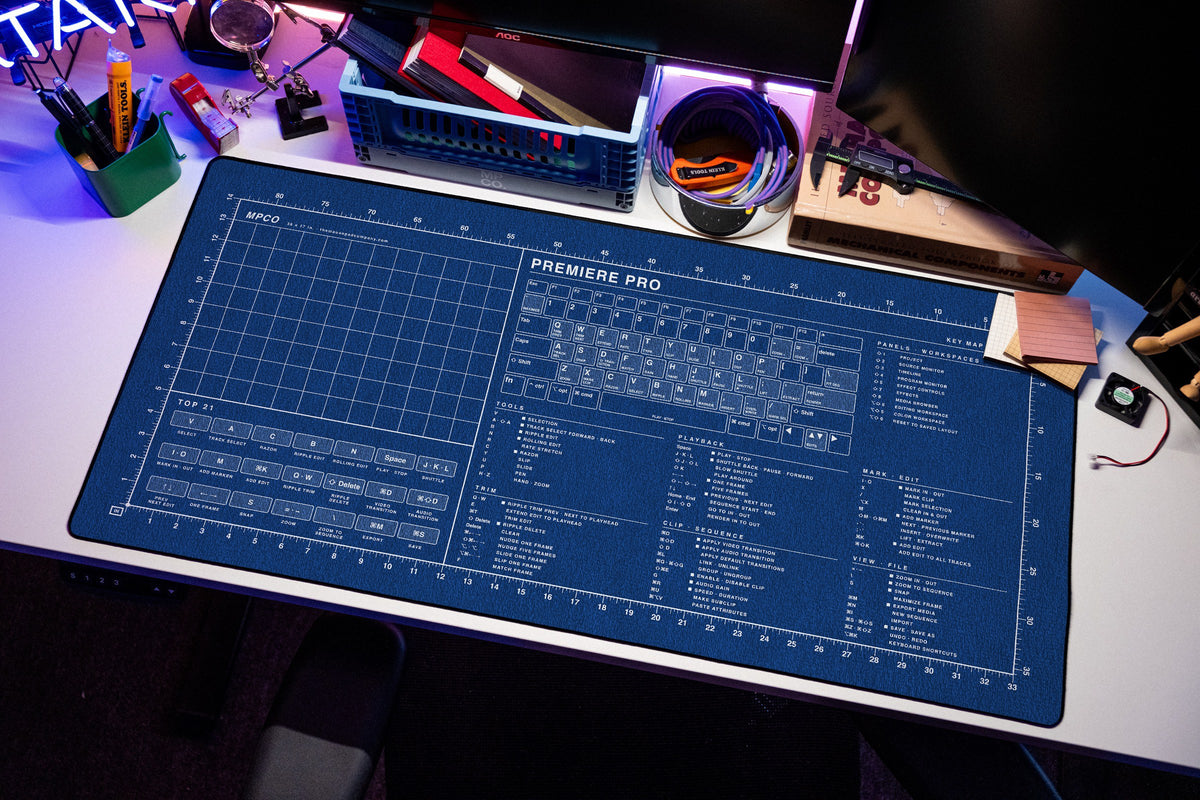 Premiere Pro Shortcuts Pad (macOS) desk mat in Blue / White, shown on a styled desk setup