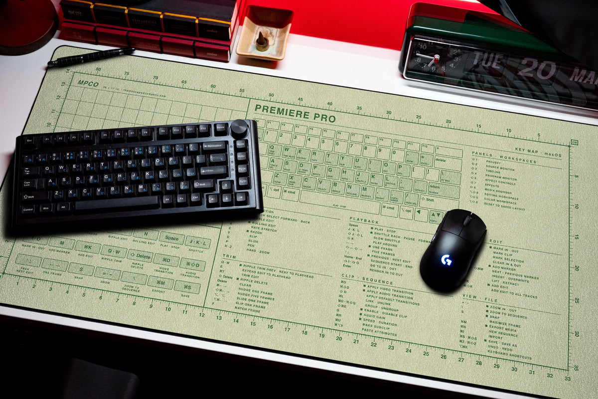 Premiere Pro Shortcuts Pad (macOS) desk mat in Buff / Green, shown on a styled desk setup