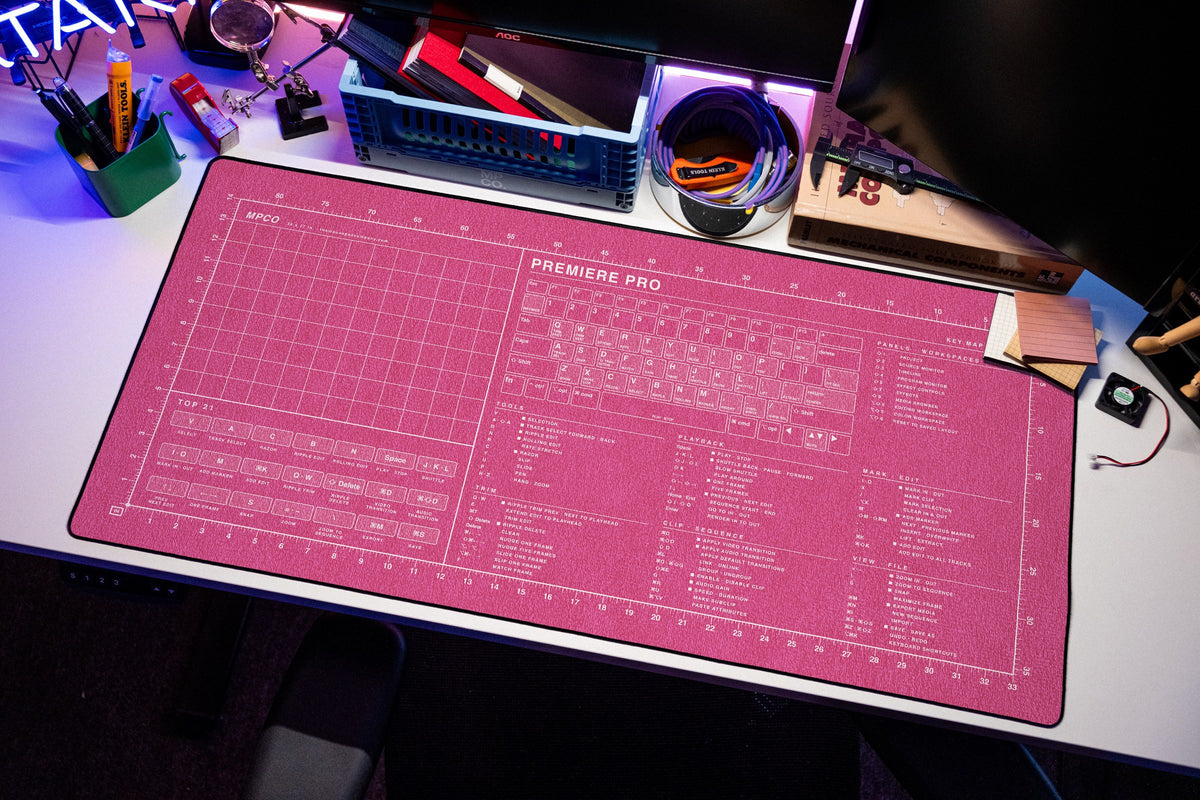 Premiere Pro Shortcuts Pad (macOS) desk mat in Pink / White, shown on a styled desk setup