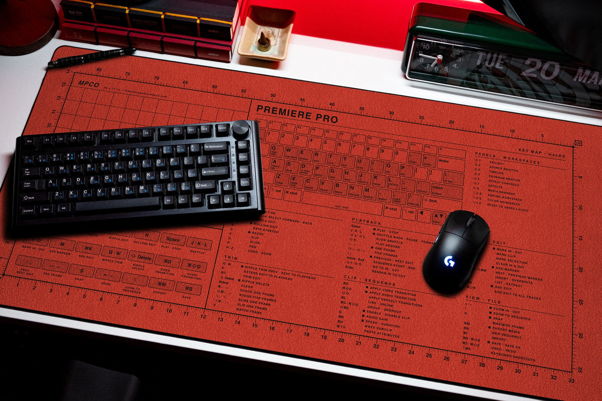 Premiere Pro Shortcuts Pad (macOS) desk mat in Red / Black, shown on a styled desk setup