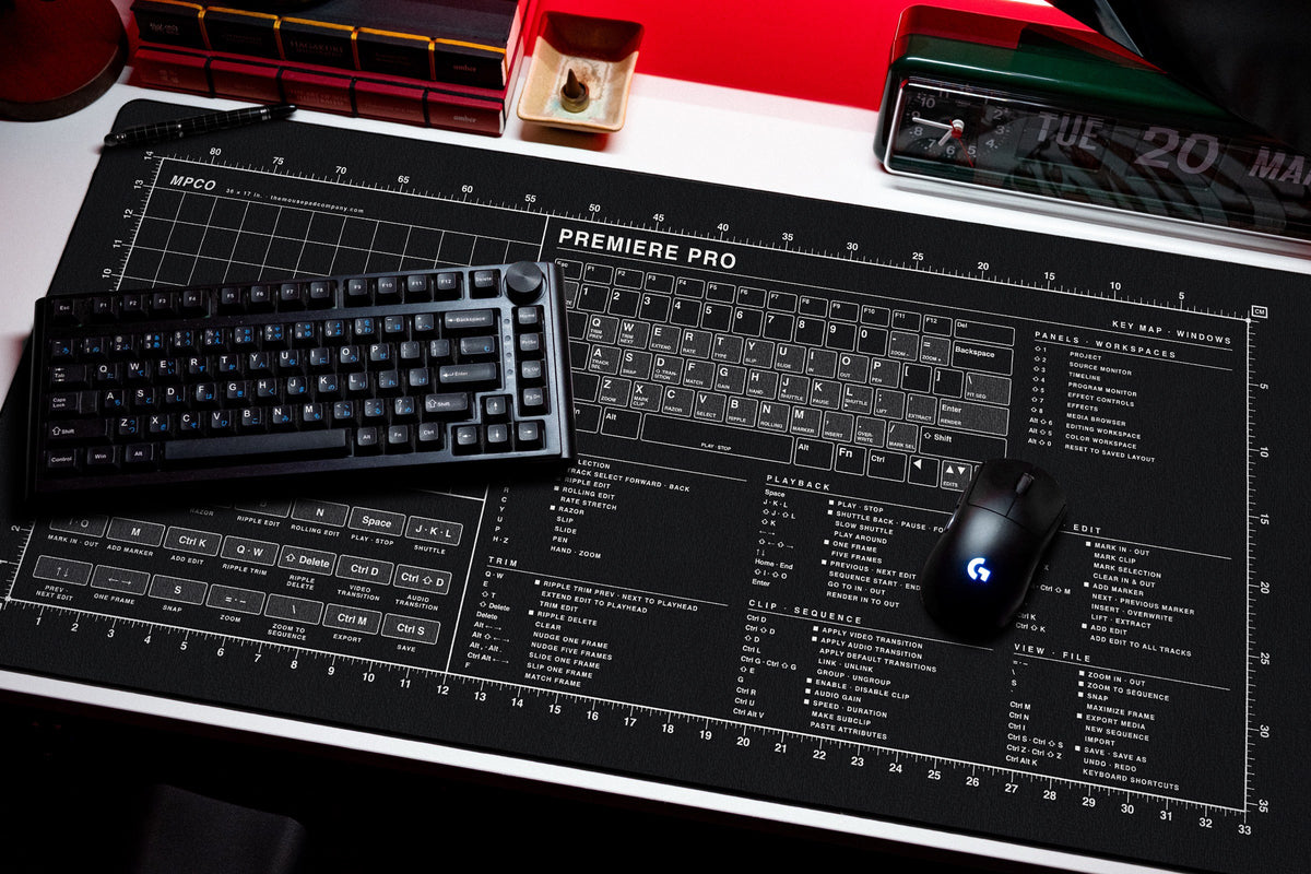 Premiere Pro Shortcuts Pad (Windows) desk mat in Black / White, shown on a styled desk setup