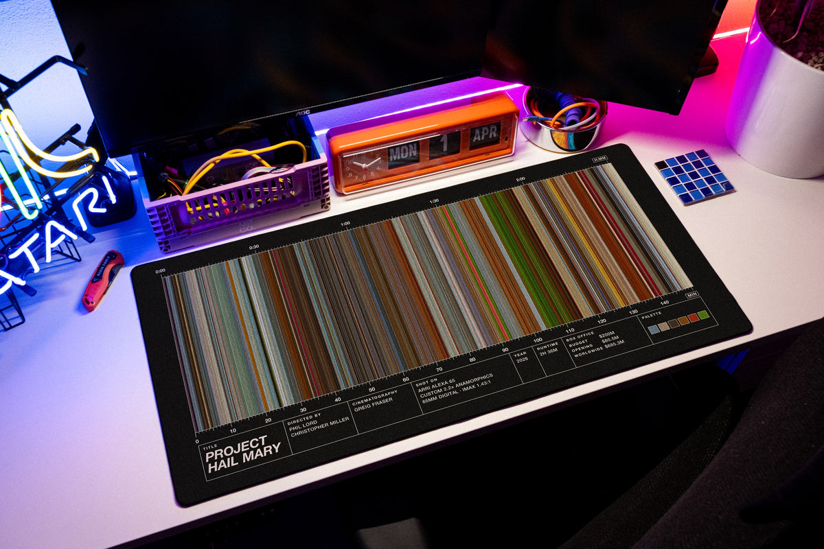 Project Hail Mary (2026) — Movie Barcode Desk Mat desk mat in Black, shown on a styled desk setup