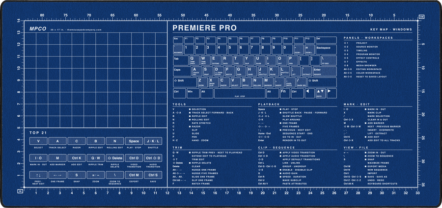 Premiere Pro Shortcuts Pad (Windows) in Blue / White