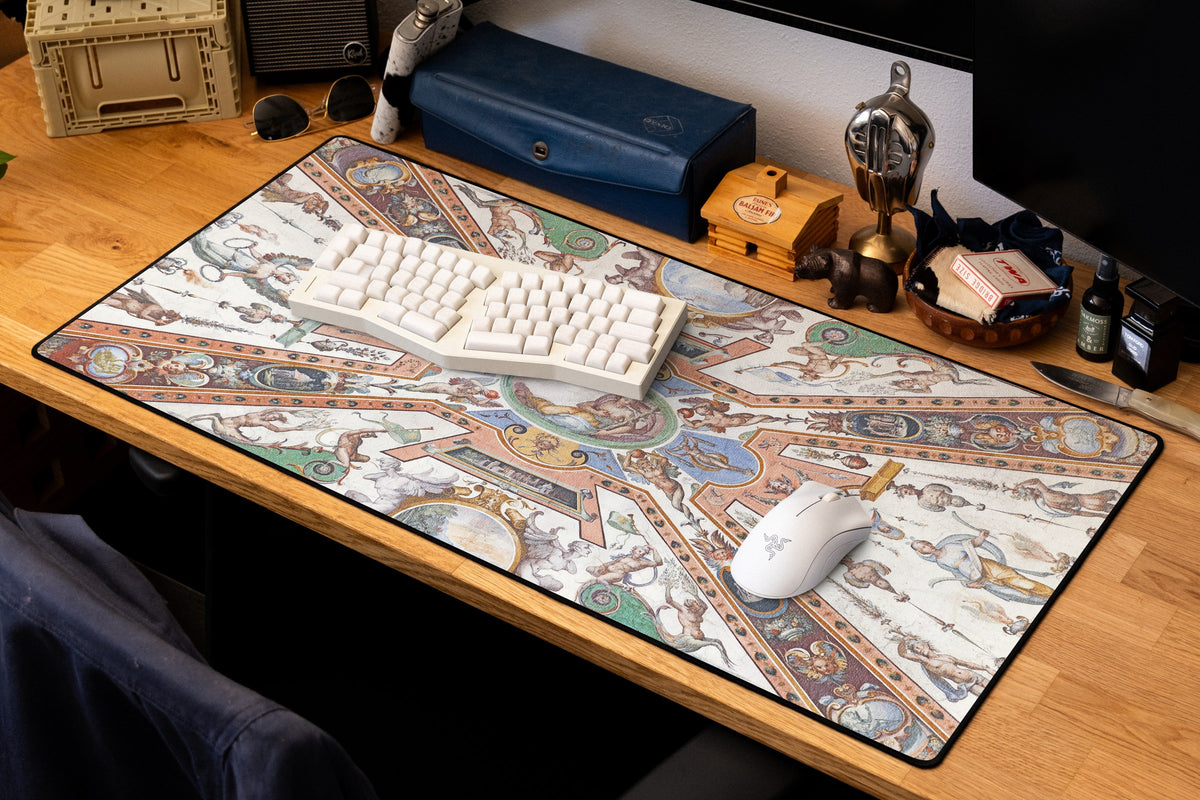 Reclining Allegory desk mat in Original, shown on a styled desk setup