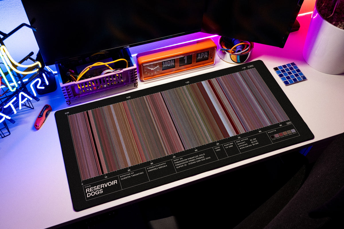 Reservoir Dogs (1992) — Movie Barcode Desk Mat desk mat in Black, shown on a styled desk setup