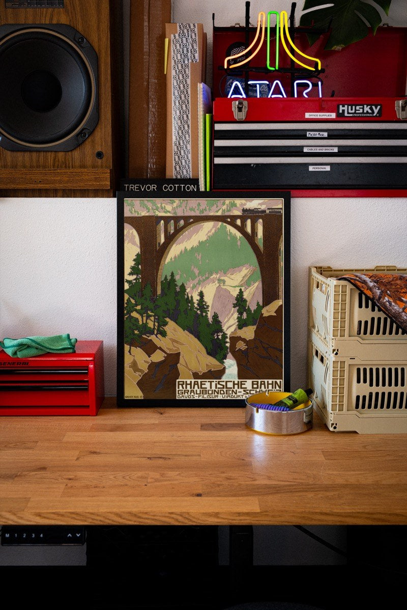 Rhaetian Railway - Wiesen Viaduct, by Walter Koch art print styled in a room setting