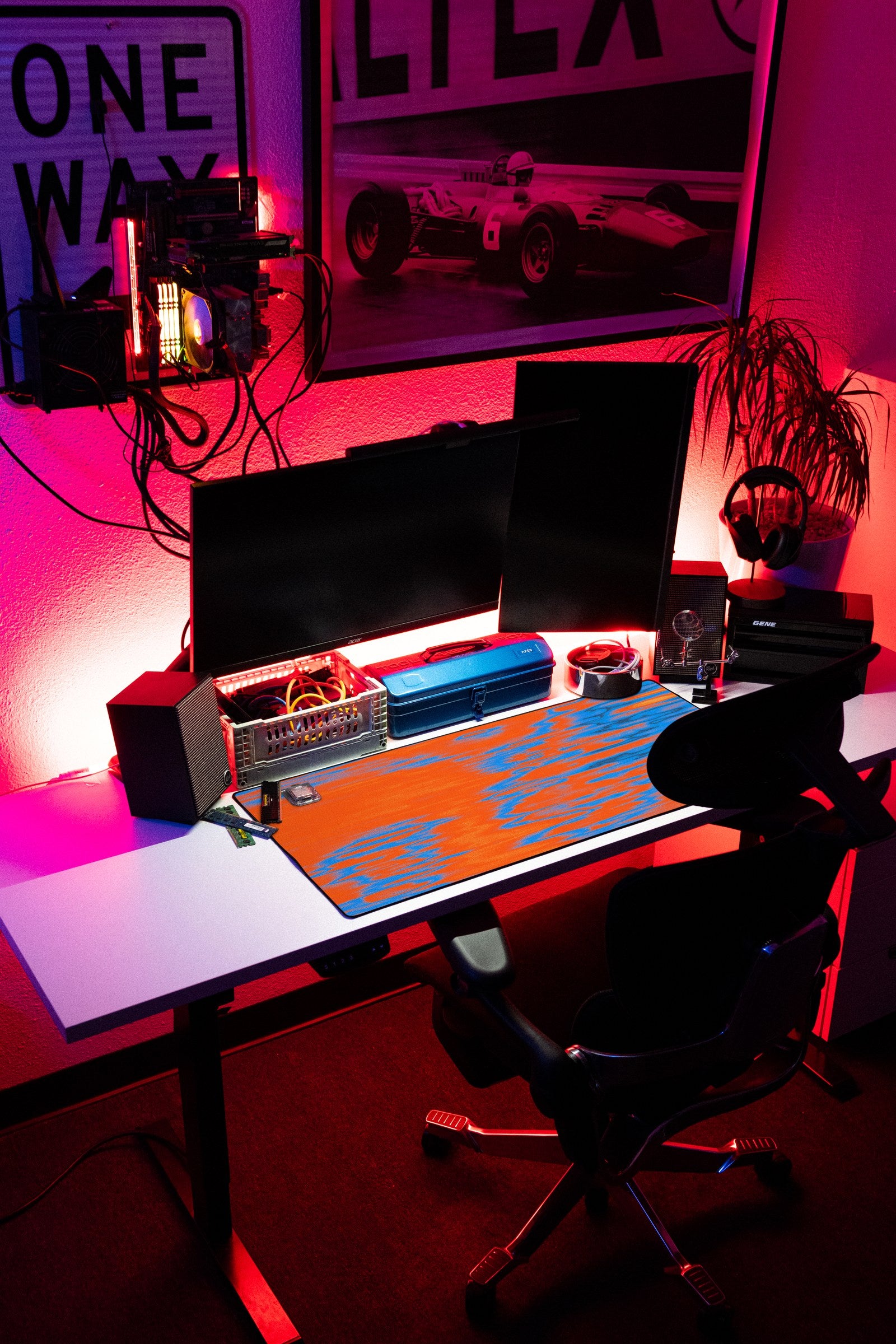 River desk mat in Ember Ripple, shown on a styled desk setup