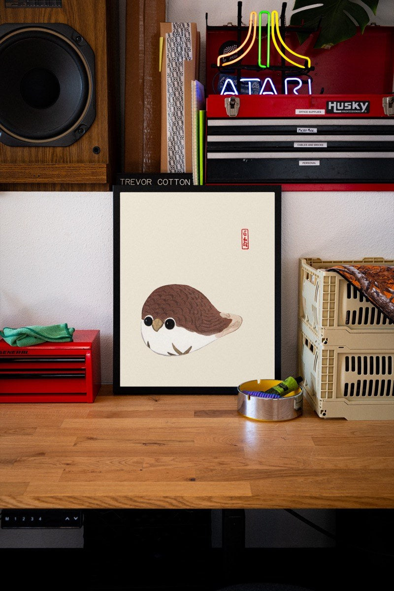 Round Sparrow - Japanese Folk Art art print styled in a room setting