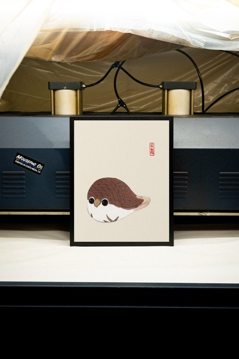 Round Sparrow - Japanese Folk Art art print styled in a room setting