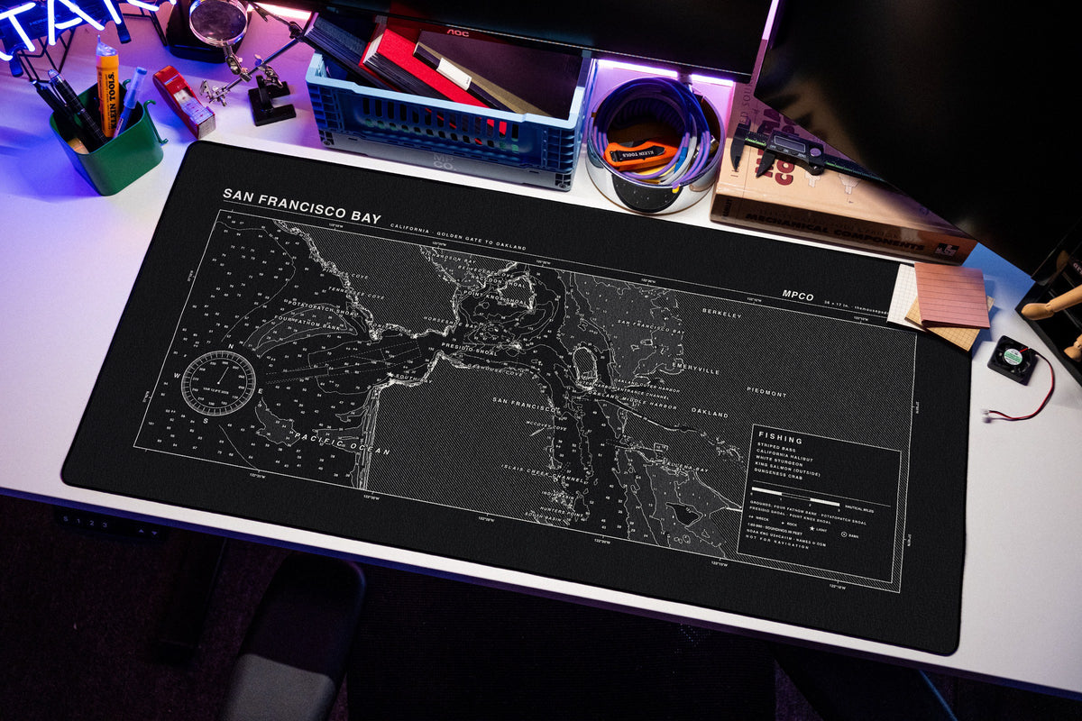San Francisco Bay Nautical Chart Pad desk mat in Black / White, shown on a styled desk setup