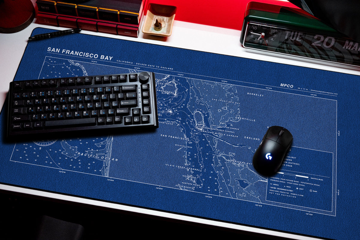 San Francisco Bay Nautical Chart Pad desk mat in Blue / White, shown on a styled desk setup
