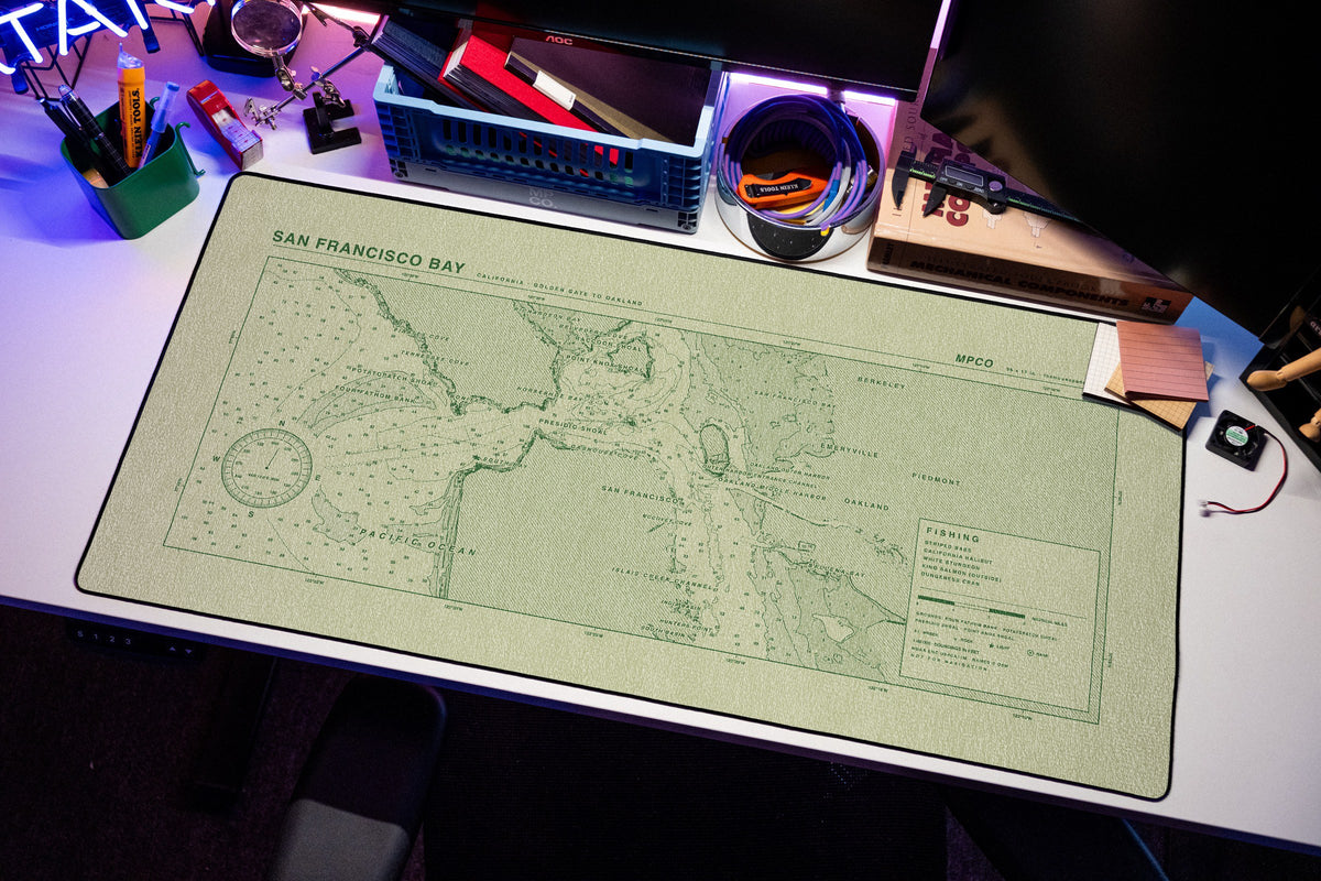 San Francisco Bay Nautical Chart Pad desk mat in Buff / Green, shown on a styled desk setup
