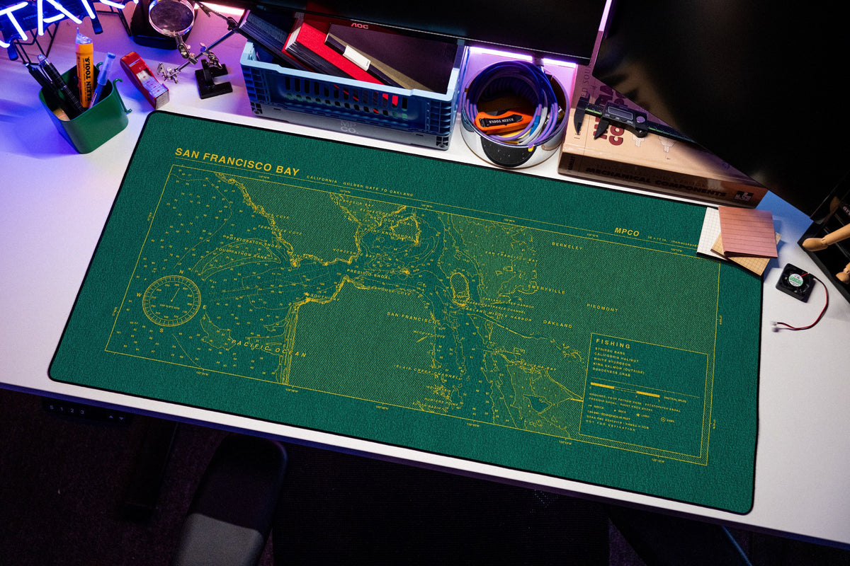 San Francisco Bay Nautical Chart Pad desk mat in Green / Yellow, shown on a styled desk setup