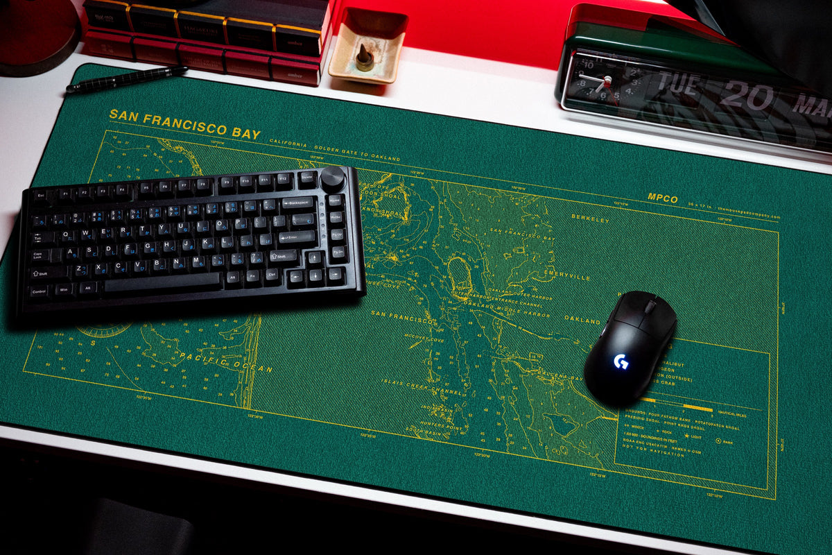 San Francisco Bay Nautical Chart Pad desk mat in Green / Yellow, shown on a styled desk setup