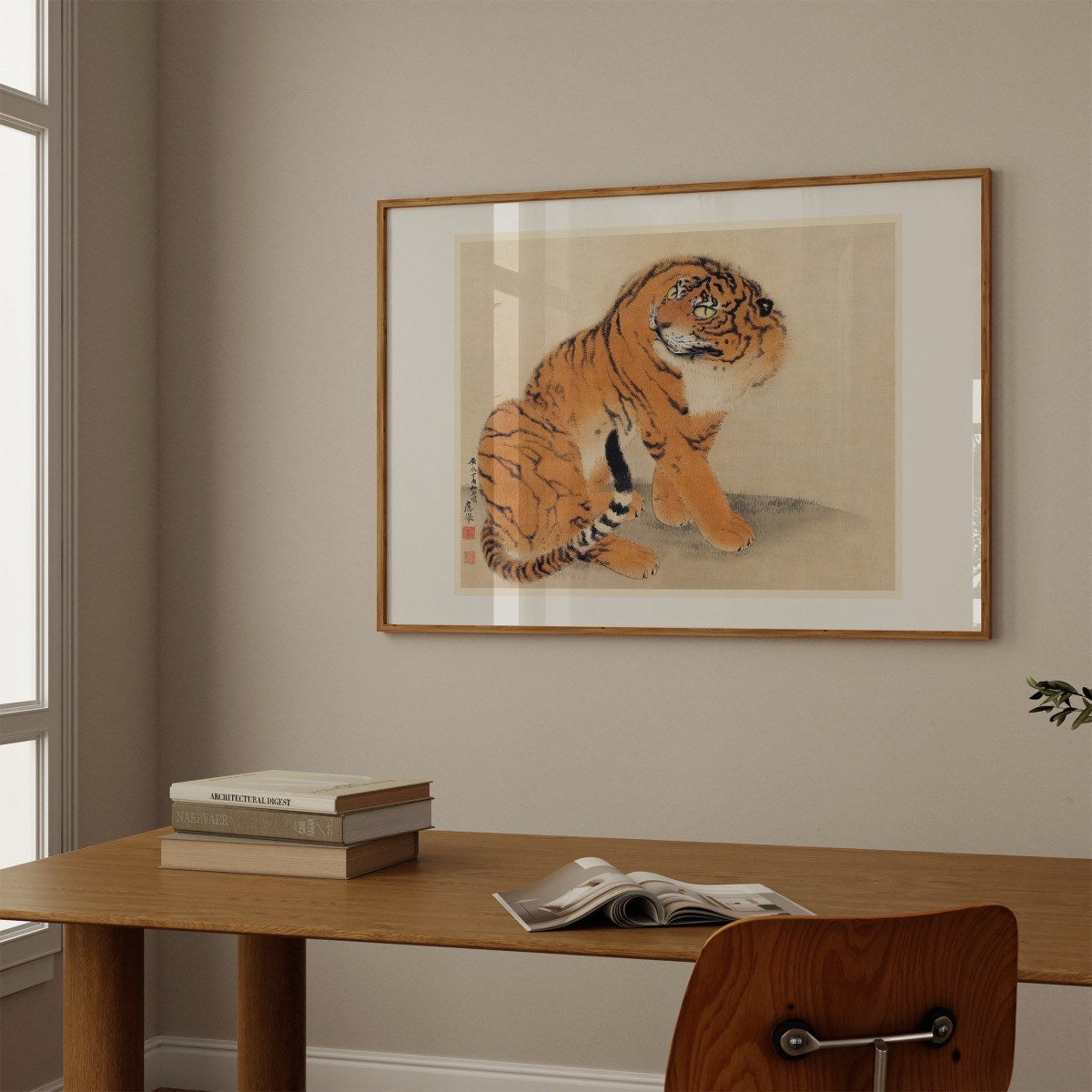 Seated Tiger, in the Tradition of Maruyama Okyo art print styled in a room setting