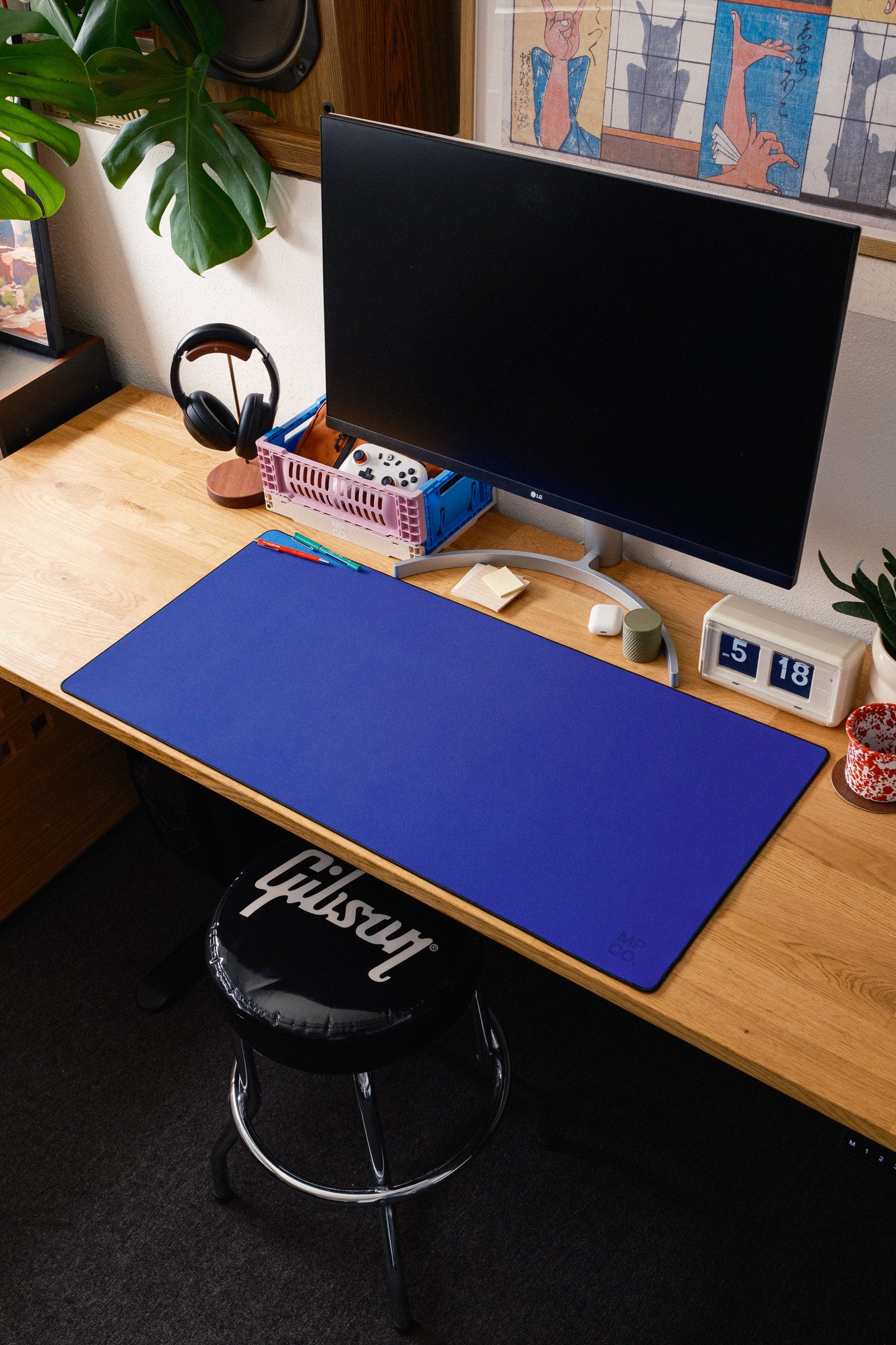 Solid Colors 2026 Summer desk mat in Blue, shown on a styled desk setup