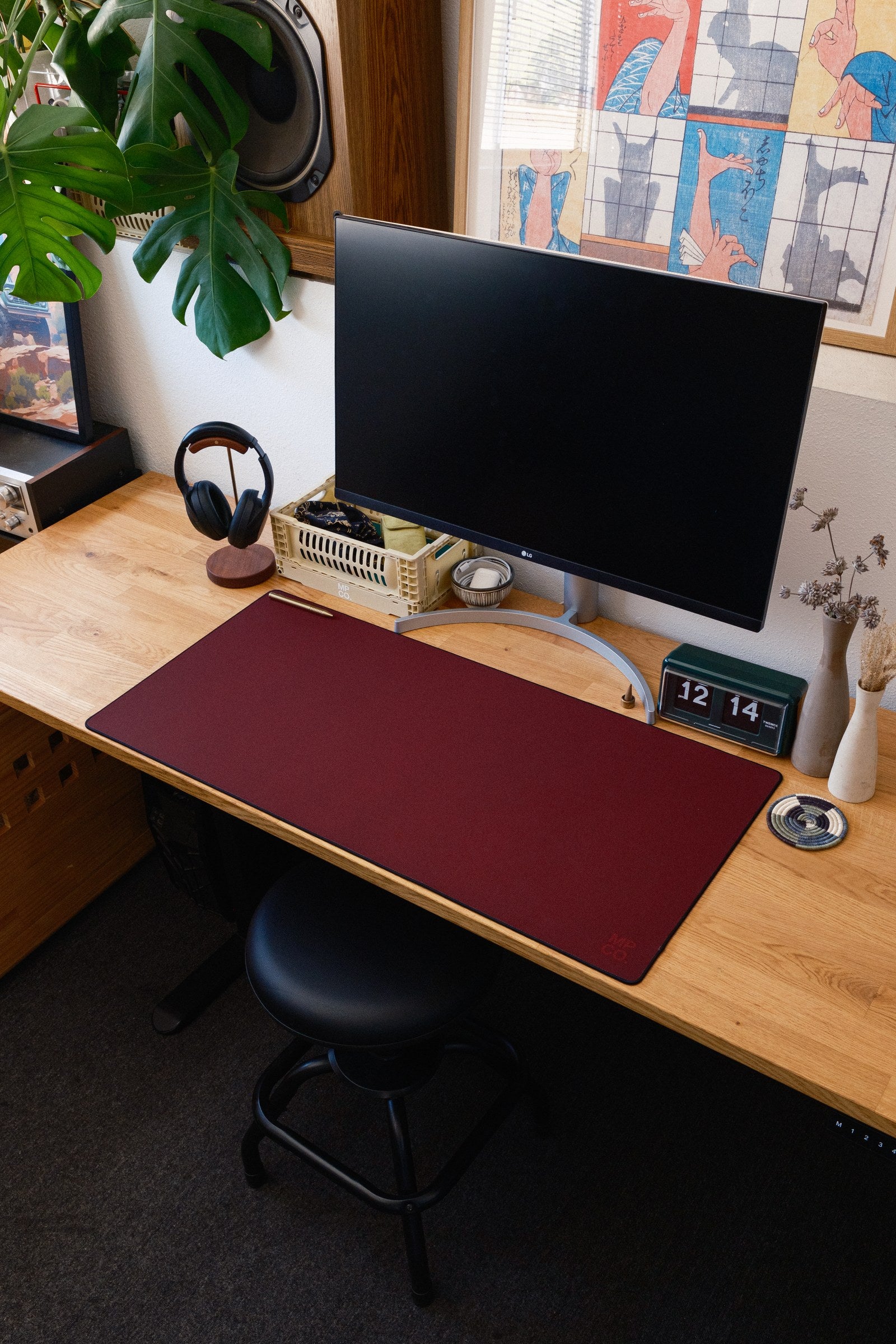 Solid Colors 2026 Summer desk mat in Wine, shown on a styled desk setup