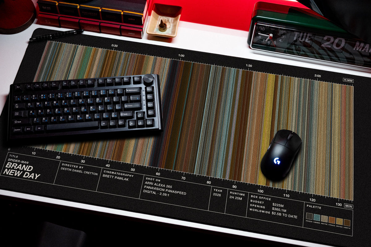 Spider-Man: Brand New Day (2026) — Movie Barcode Desk Mat desk mat in Black, shown on a styled desk setup