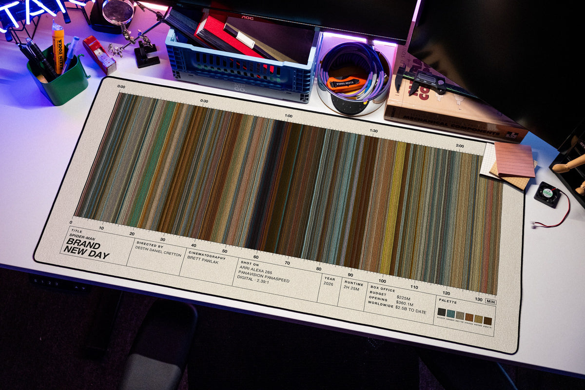 Spider-Man: Brand New Day (2026) — Movie Barcode Desk Mat desk mat in Cream, shown on a styled desk setup