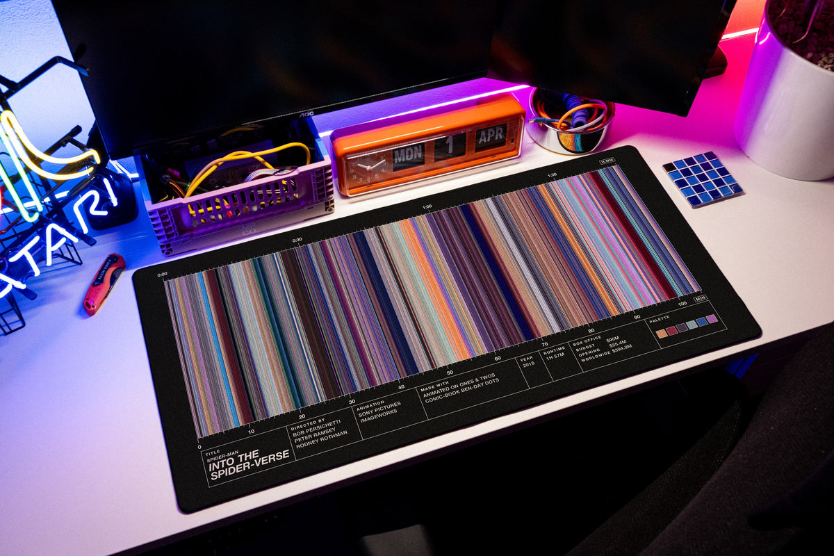Spider-Man: Into the Spider-Verse (2018) — Movie Barcode Desk Mat desk mat in Black, shown on a styled desk setup