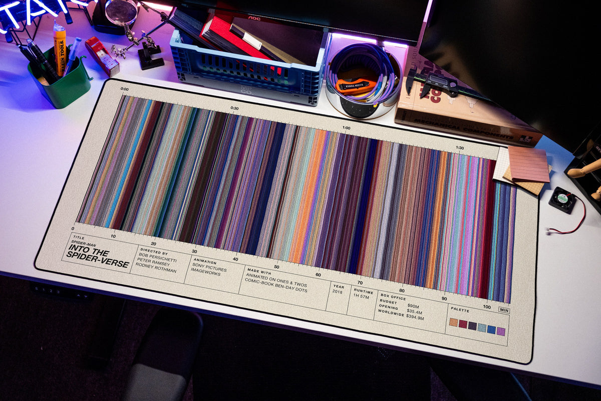 Spider-Man: Into the Spider-Verse (2018) — Movie Barcode Desk Mat desk mat in Cream, shown on a styled desk setup