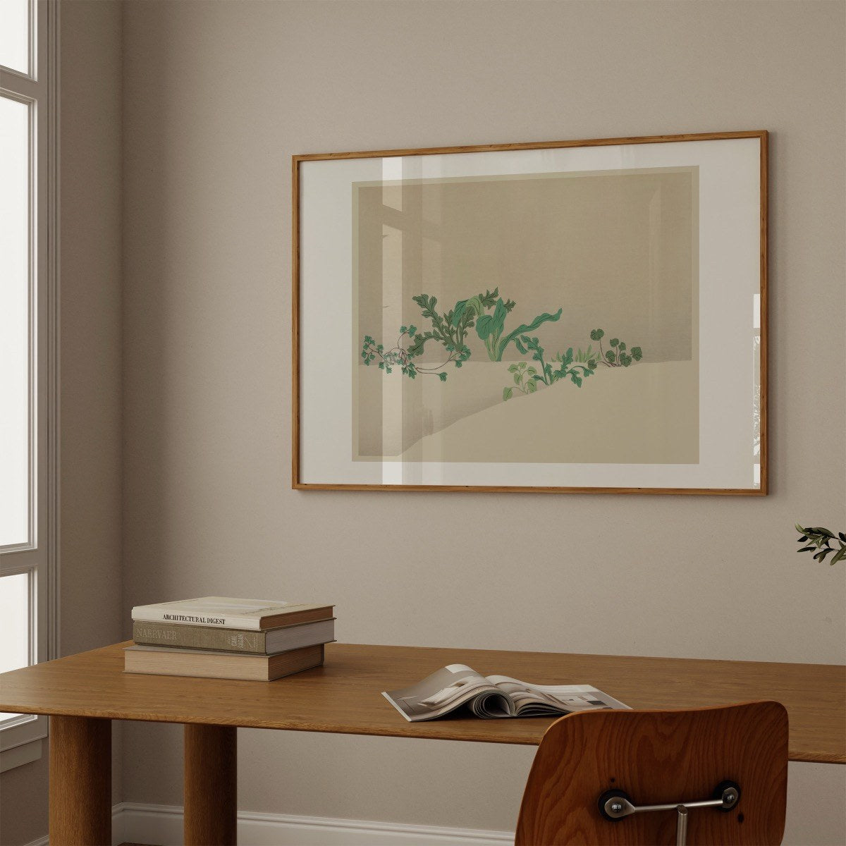 Sprouting Ferns in Snow - Rinpa-Style Botanical Print art print styled in a room setting