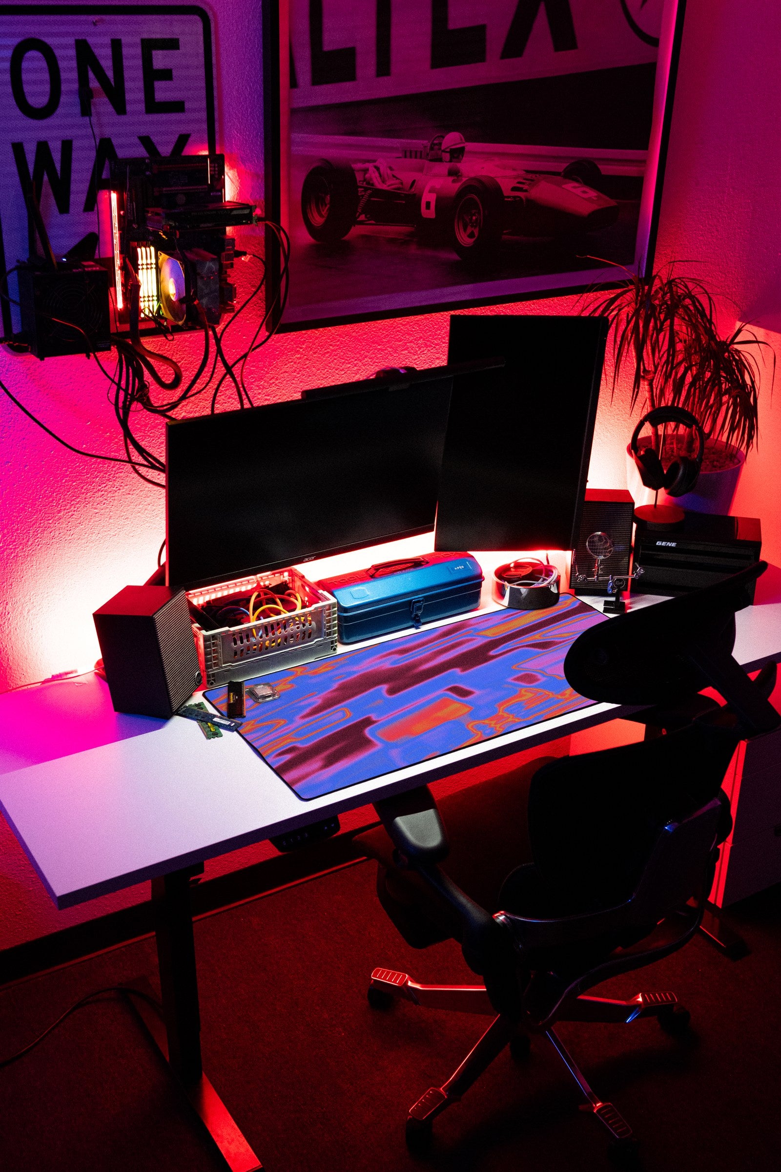 Square desk mat in Prism Block, shown on a styled desk setup
