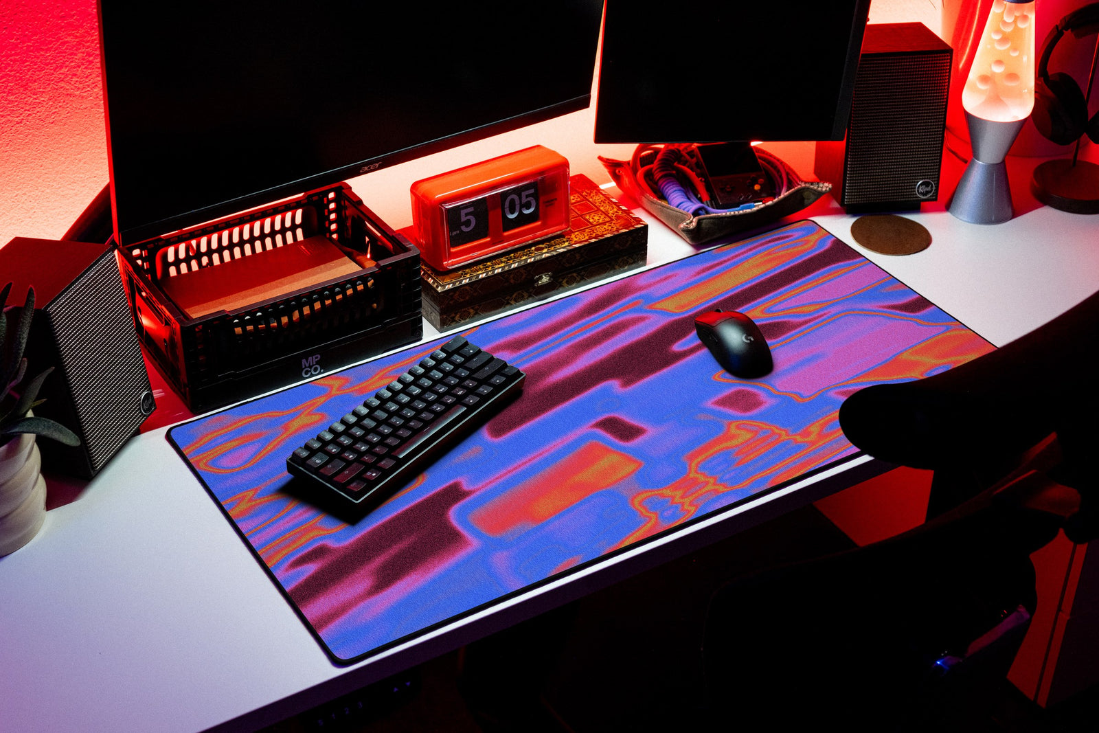 Square desk mat in Prism Block, shown on a styled desk setup