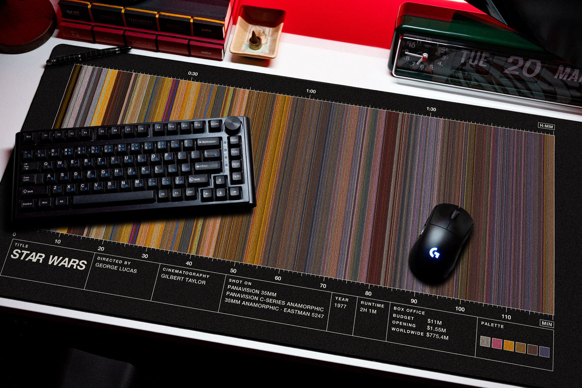 Star Wars (1977) — Movie Barcode Desk Mat desk mat in Black, shown on a styled desk setup