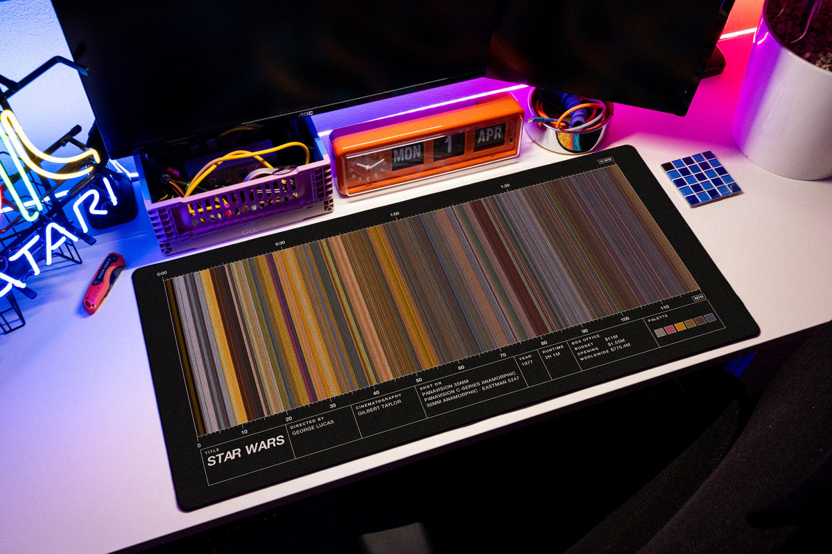Star Wars (1977) — Movie Barcode Desk Mat desk mat in Black, shown on a styled desk setup