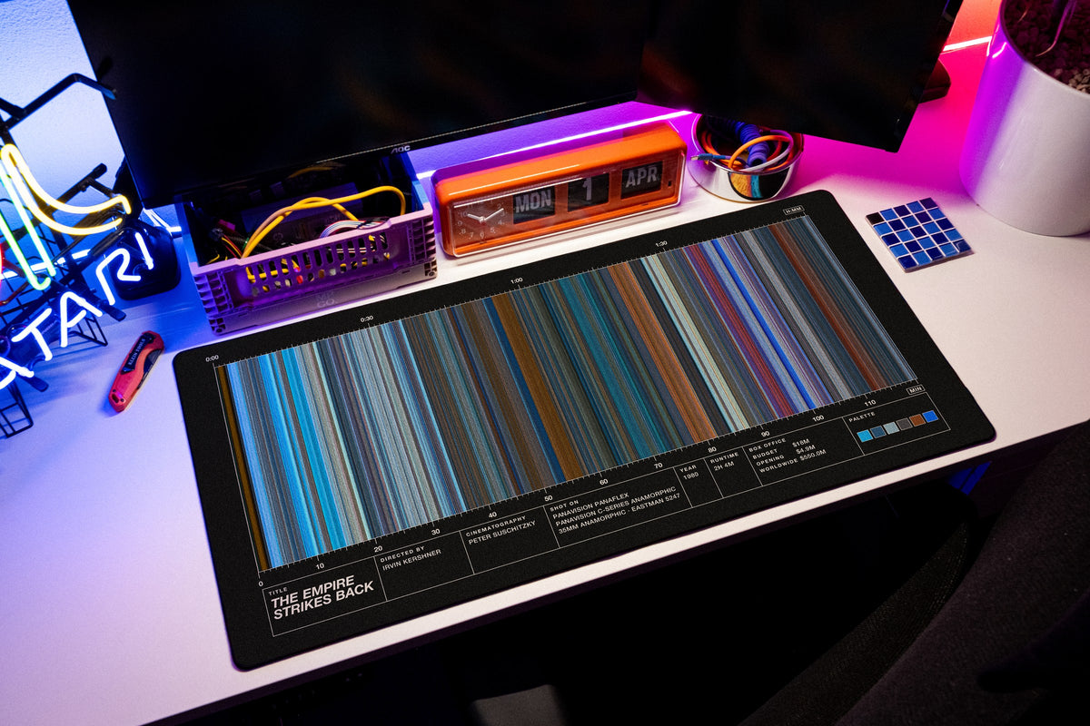 The Empire Strikes Back (1980) — Movie Barcode Desk Mat desk mat in Black, shown on a styled desk setup