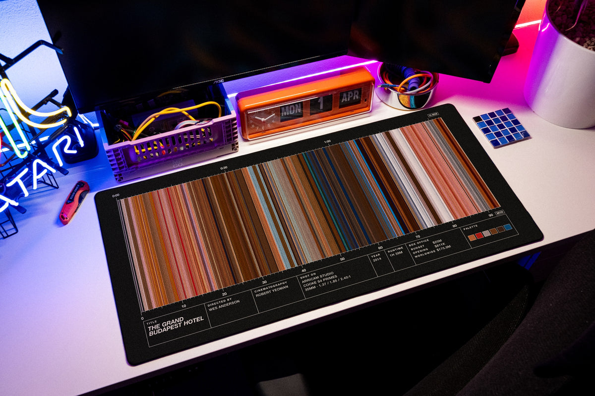 The Grand Budapest Hotel (2014) — Movie Barcode Desk Mat desk mat in Black, shown on a styled desk setup