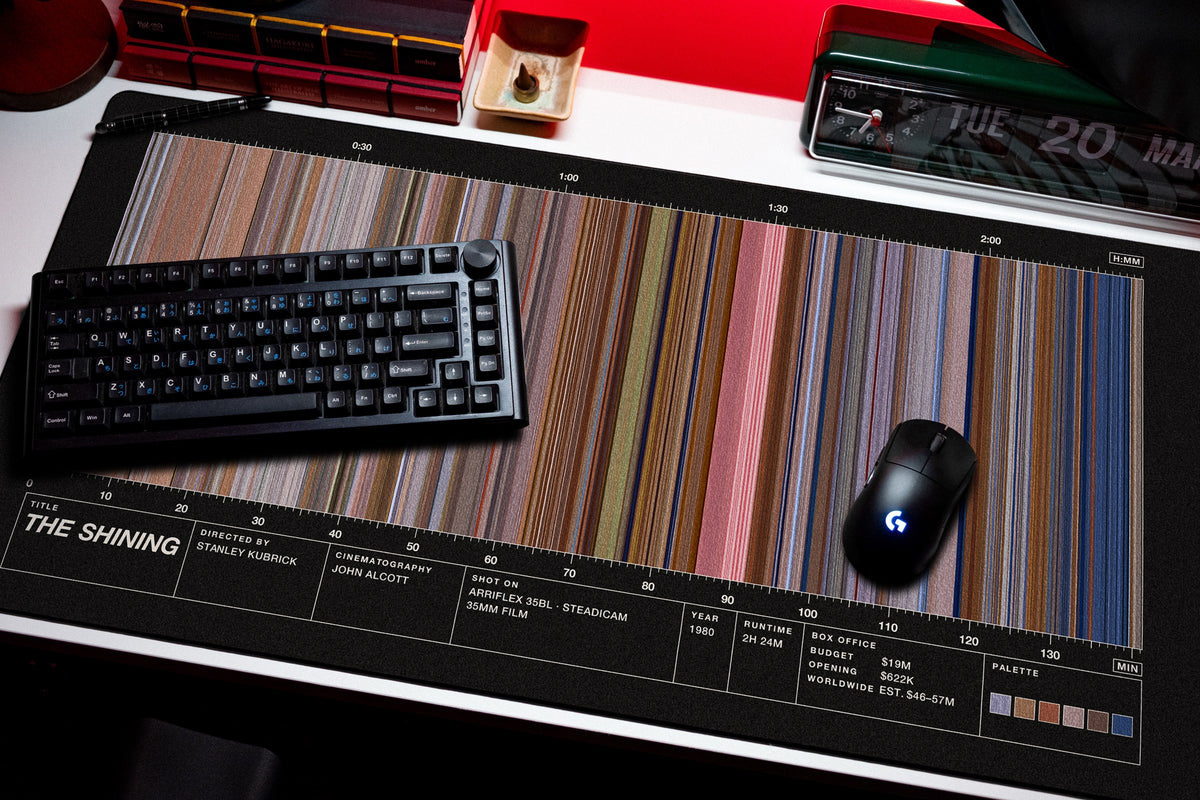 The Shining (1980) — Movie Barcode Desk Mat desk mat in Black, shown on a styled desk setup