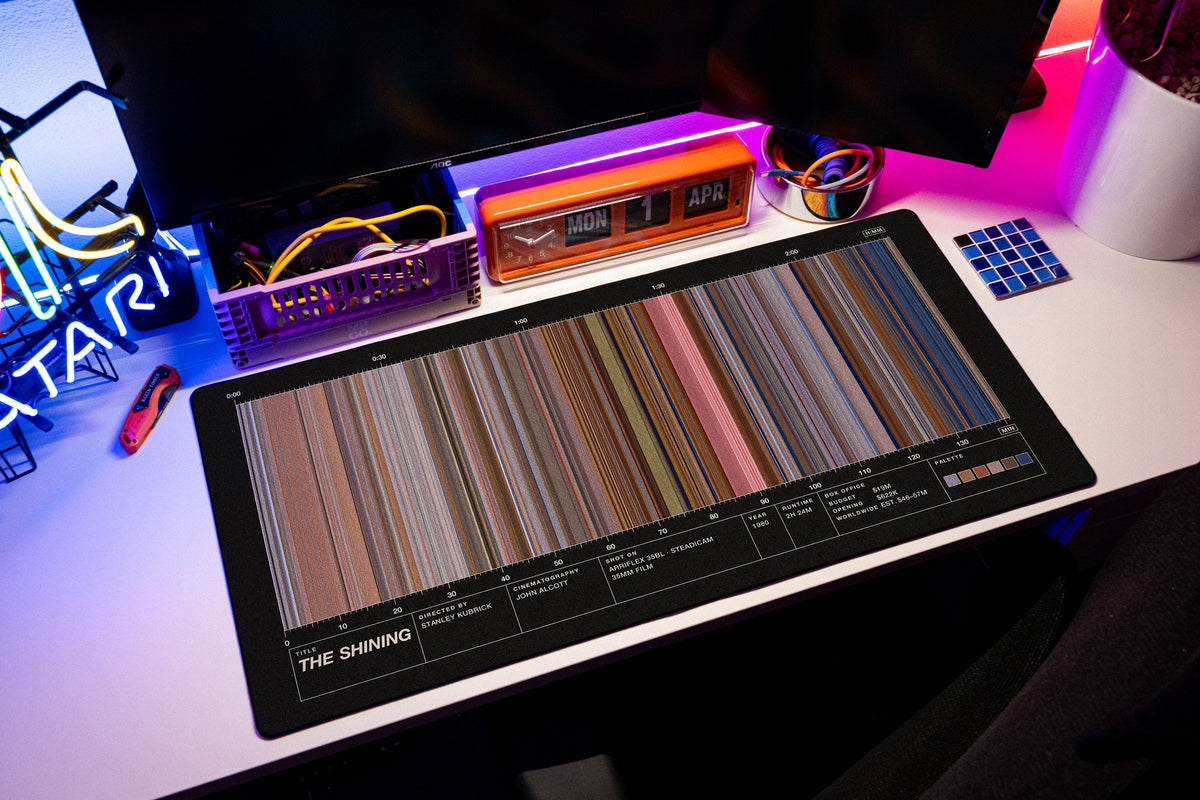The Shining (1980) — Movie Barcode Desk Mat desk mat in Black, shown on a styled desk setup