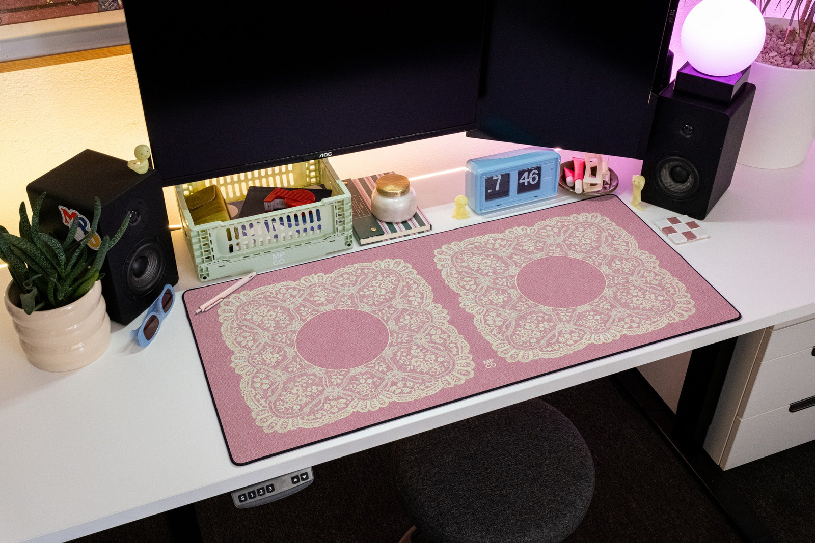 Twin Veil desk mat in Blush, shown on a styled desk setup