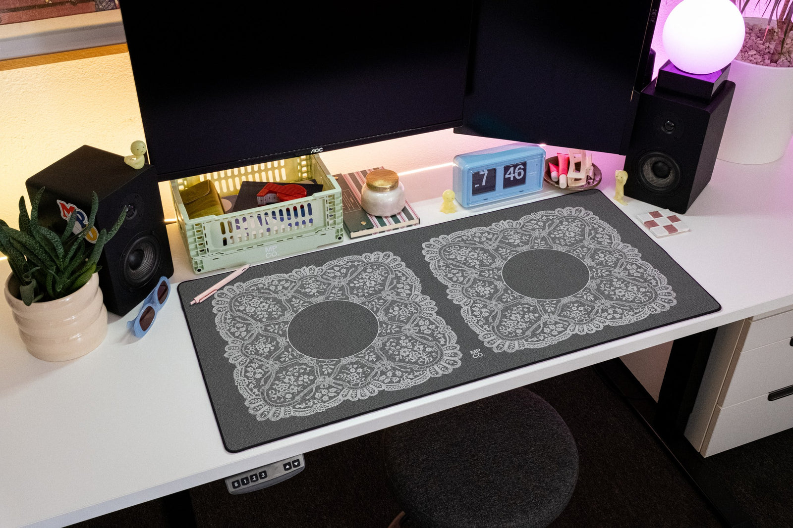 Twin Veil desk mat in Ivory, shown on a styled desk setup