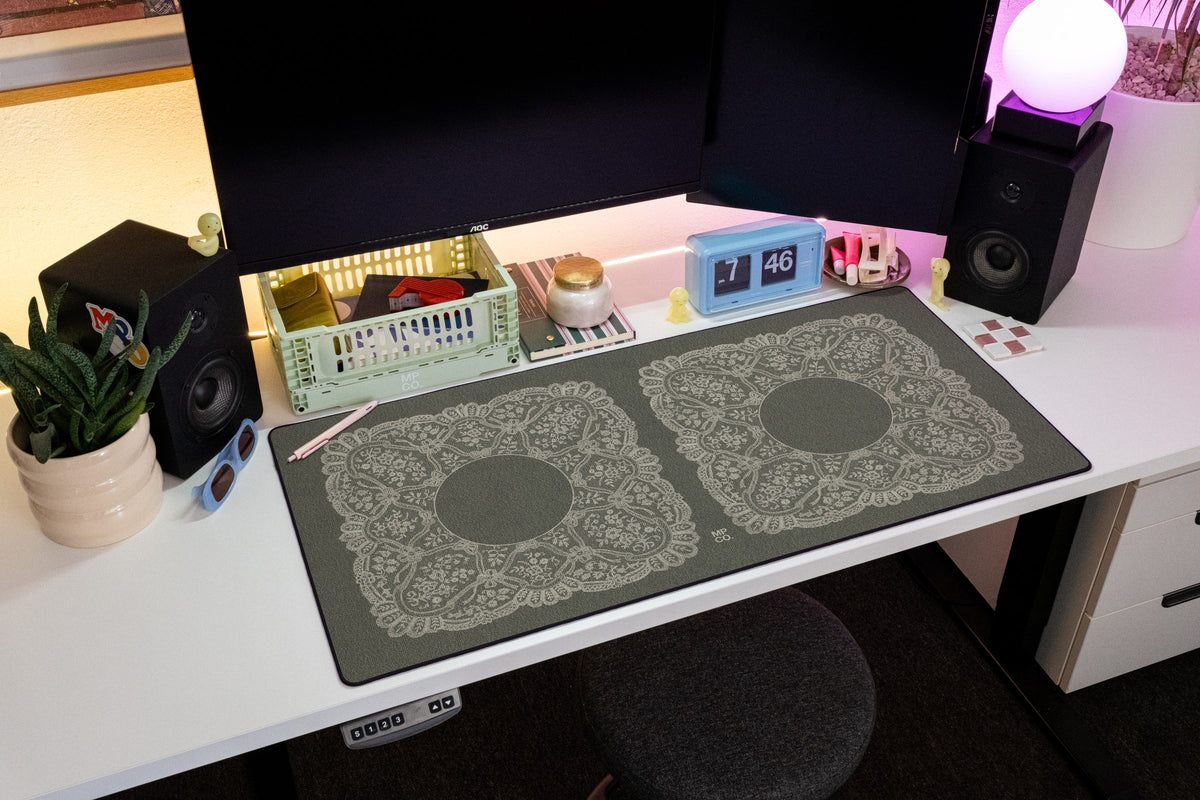 Twin Veil desk mat in Olive, shown on a styled desk setup