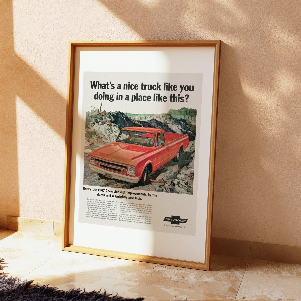 What's a Nice Truck Like You...? - 1967 Chevy Ad art print styled in a room setting