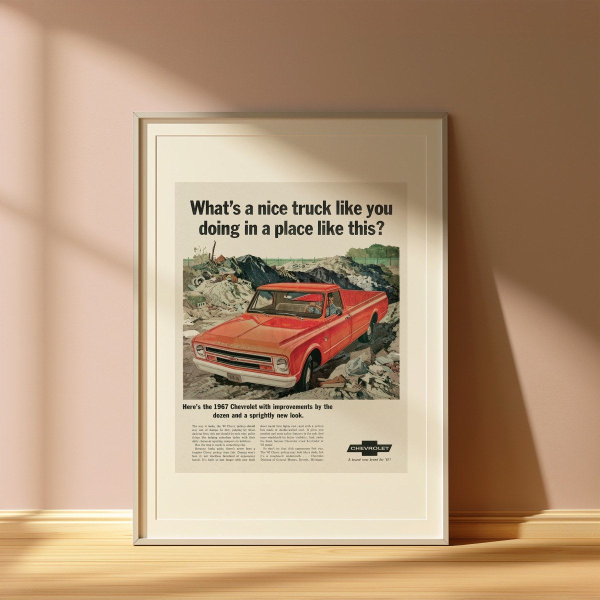 What's a Nice Truck Like You...? - 1967 Chevy Ad art print styled in a room setting