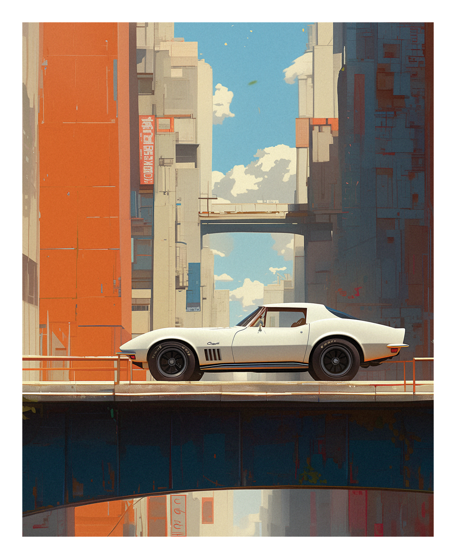 White Corvette - Classic Car Illustration